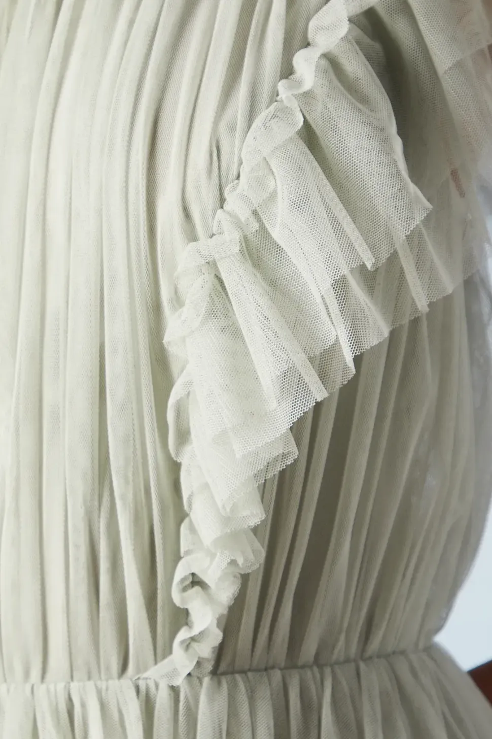 Ruffle Shoulder Mesh Bridesmaid Midi Dress