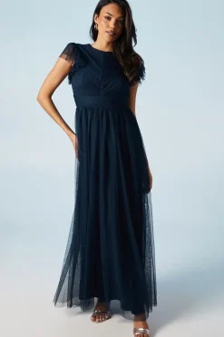 Ruffle Shoulder Open Back Mesh Bridesmaids Dress