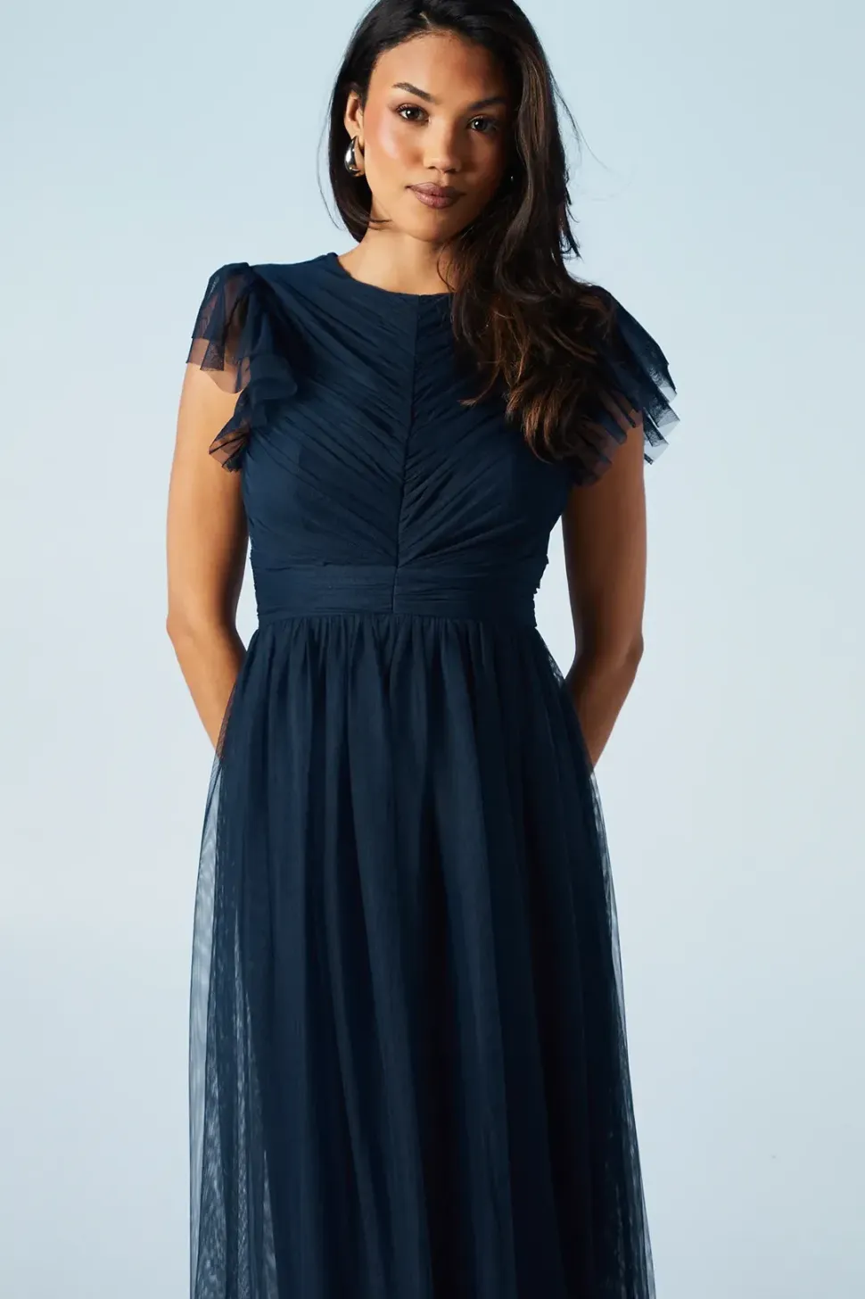 Ruffle Shoulder Open Back Mesh Bridesmaids Dress