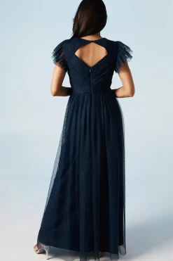 Ruffle Shoulder Open Back Mesh Bridesmaids Dress