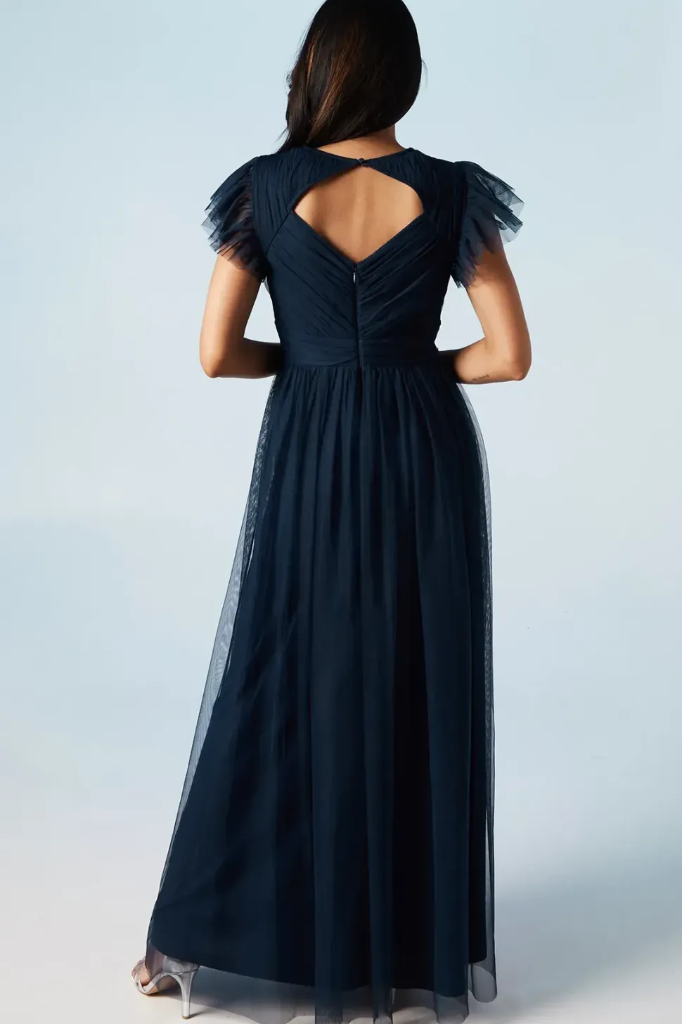Ruffle Shoulder Open Back Mesh Bridesmaids Dress