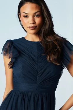 Ruffle Shoulder Open Back Mesh Bridesmaids Dress