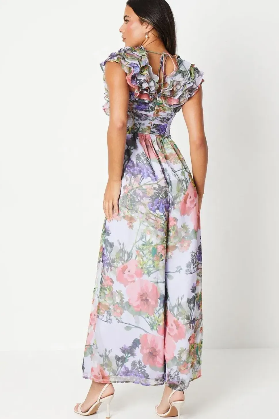 Ruffle Shoulder Pleated Waist Jumpsuit