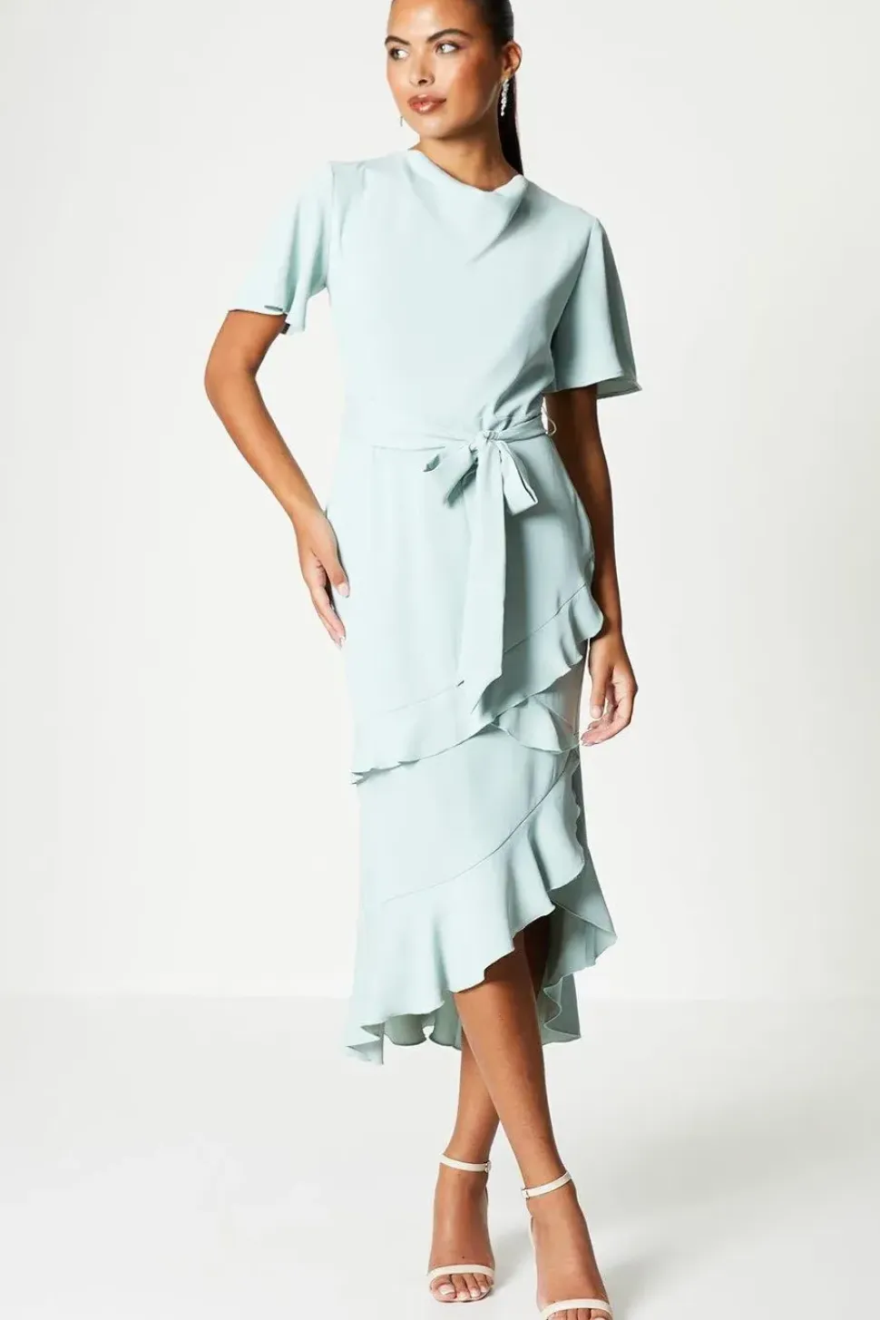 Ruffle Skirt Drape Neck Midi Dress