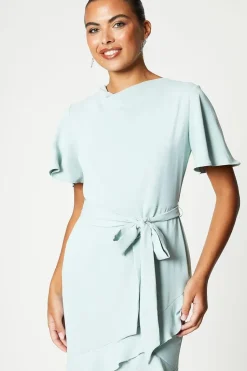 Ruffle Skirt Drape Neck Midi Dress