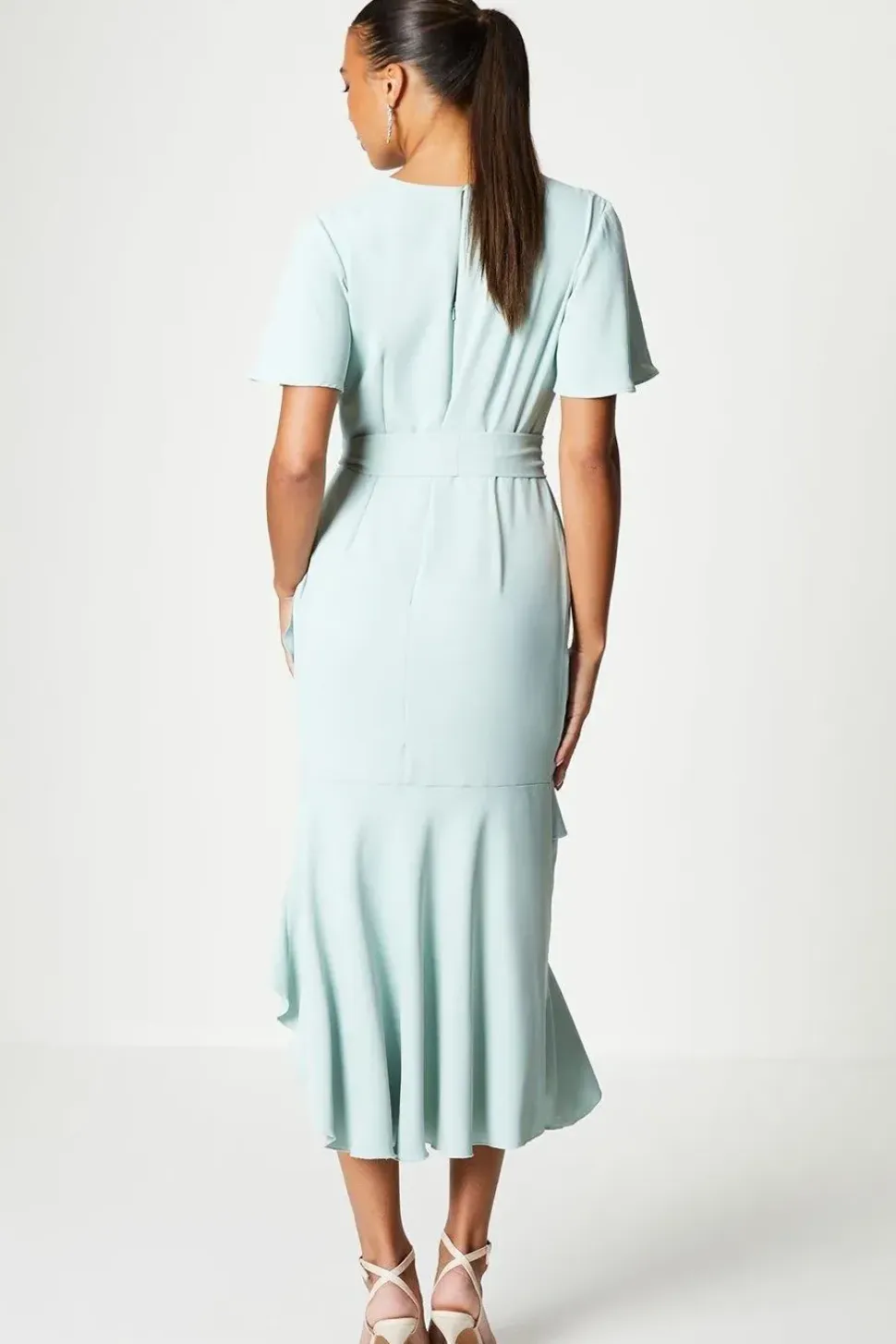Ruffle Skirt Drape Neck Midi Dress