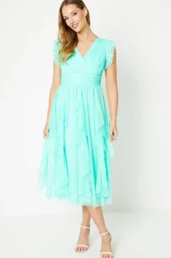 Ruffle Skirt Mesh Midi Dress
