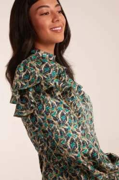Ruffle Sleeve High Neck Swing Dress