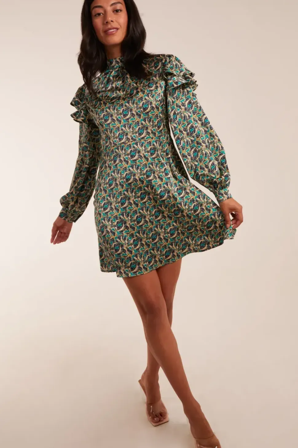 Ruffle Sleeve High Neck Swing Dress