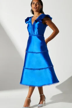 Ruffle Sleeve Lace Panelled Twill Dress