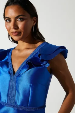 Ruffle Sleeve Lace Panelled Twill Dress