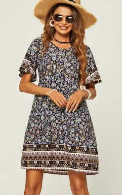 Ruffle Sleeve Mini Dress In Navy Print