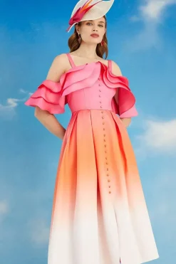 Ruffle Sleeve Ombre Midi Dress