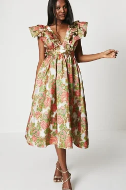 Ruffle Sleeve Organza Jacquard Midi Dress