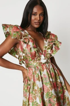 Ruffle Sleeve Organza Jacquard Midi Dress