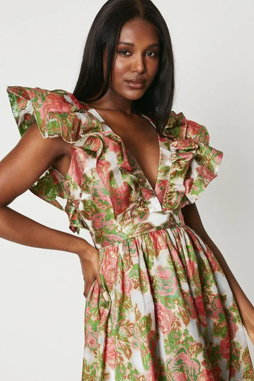 Ruffle Sleeve Organza Jacquard Midi Dress