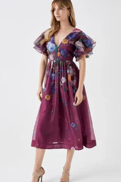 Ruffle Sleeve Placement Print Full Skirt Midi Dress