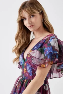Ruffle Sleeve Placement Print Full Skirt Midi Dress
