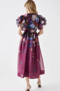 Ruffle Sleeve Placement Print Full Skirt Midi Dress