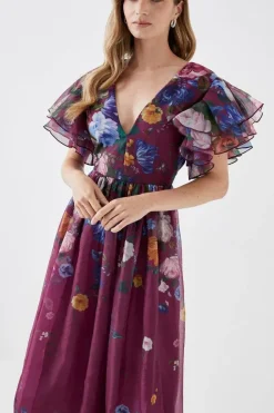 Ruffle Sleeve Placement Print Full Skirt Midi Dress
