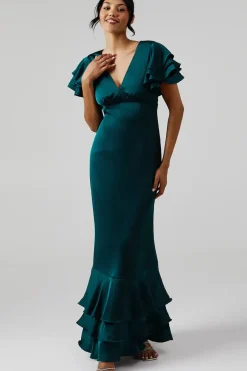 Ruffle Sleeve Satin Bridesmaids Maxi Dress