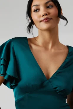 Ruffle Sleeve Satin Bridesmaids Maxi Dress