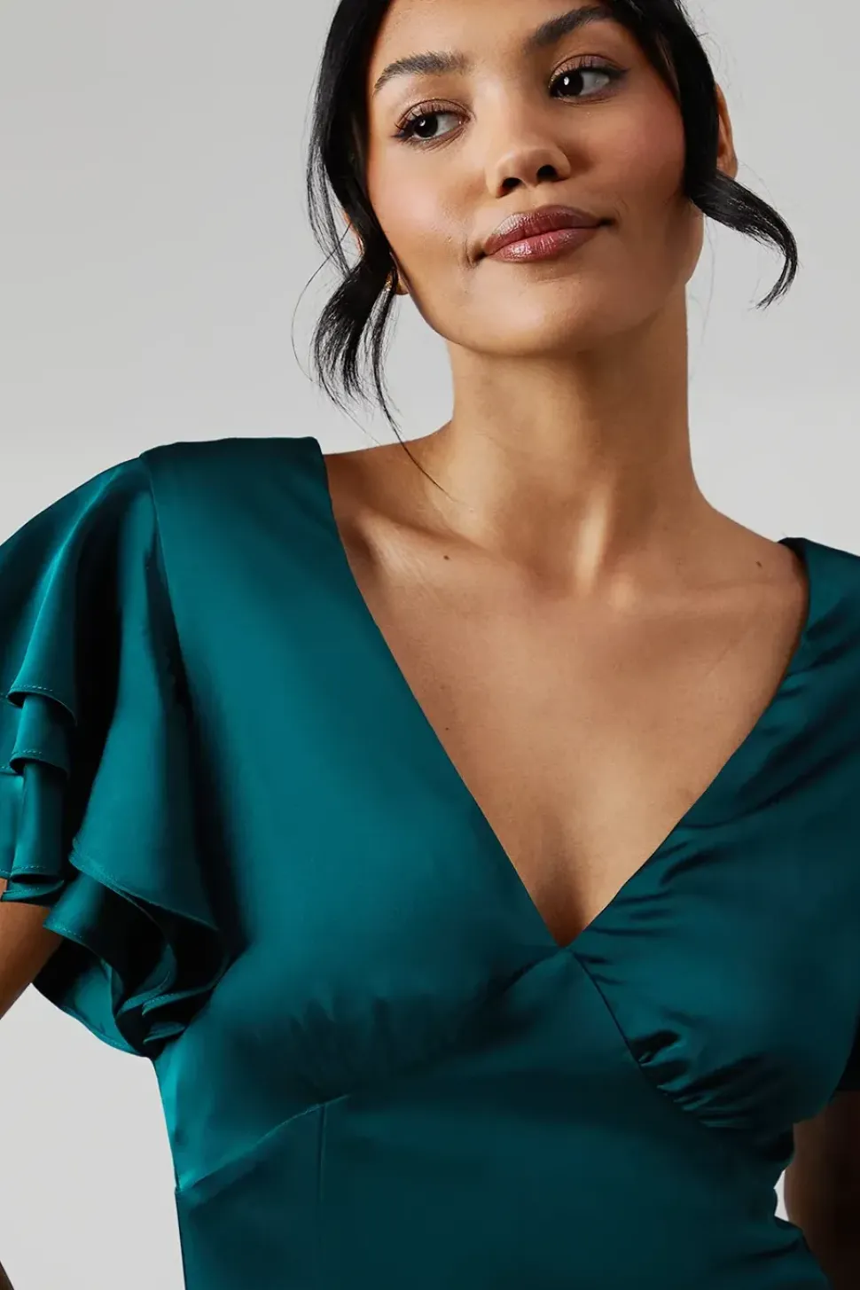 Ruffle Sleeve Satin Bridesmaids Maxi Dress