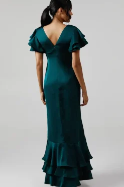 Ruffle Sleeve Satin Bridesmaids Maxi Dress