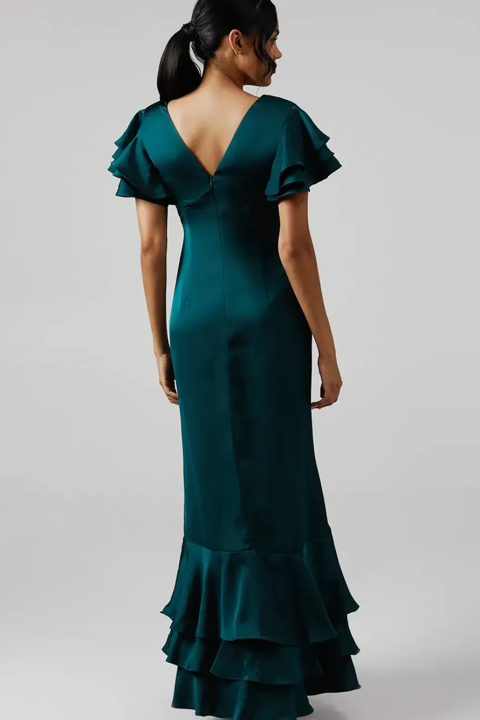 Ruffle Sleeve Satin Bridesmaids Maxi Dress
