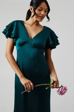 Ruffle Sleeve Satin Bridesmaids Maxi Dress