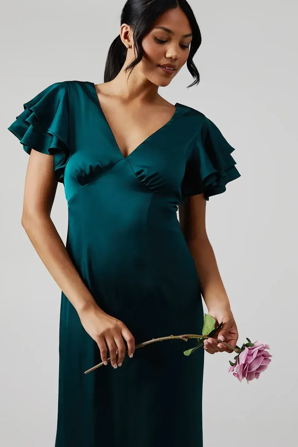 Ruffle Sleeve Satin Bridesmaids Maxi Dress