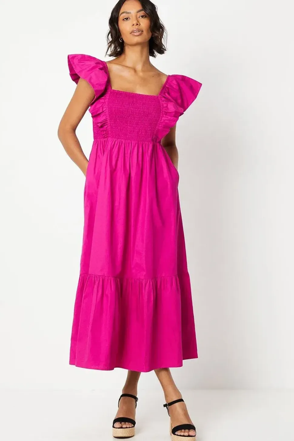 Ruffle Sleeve Shirred Bodice Midi Dress