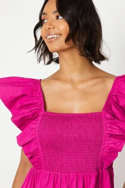 Ruffle Sleeve Shirred Bodice Midi Dress