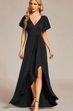 Ruffle Sleeves V Neck High Low Evening Dress