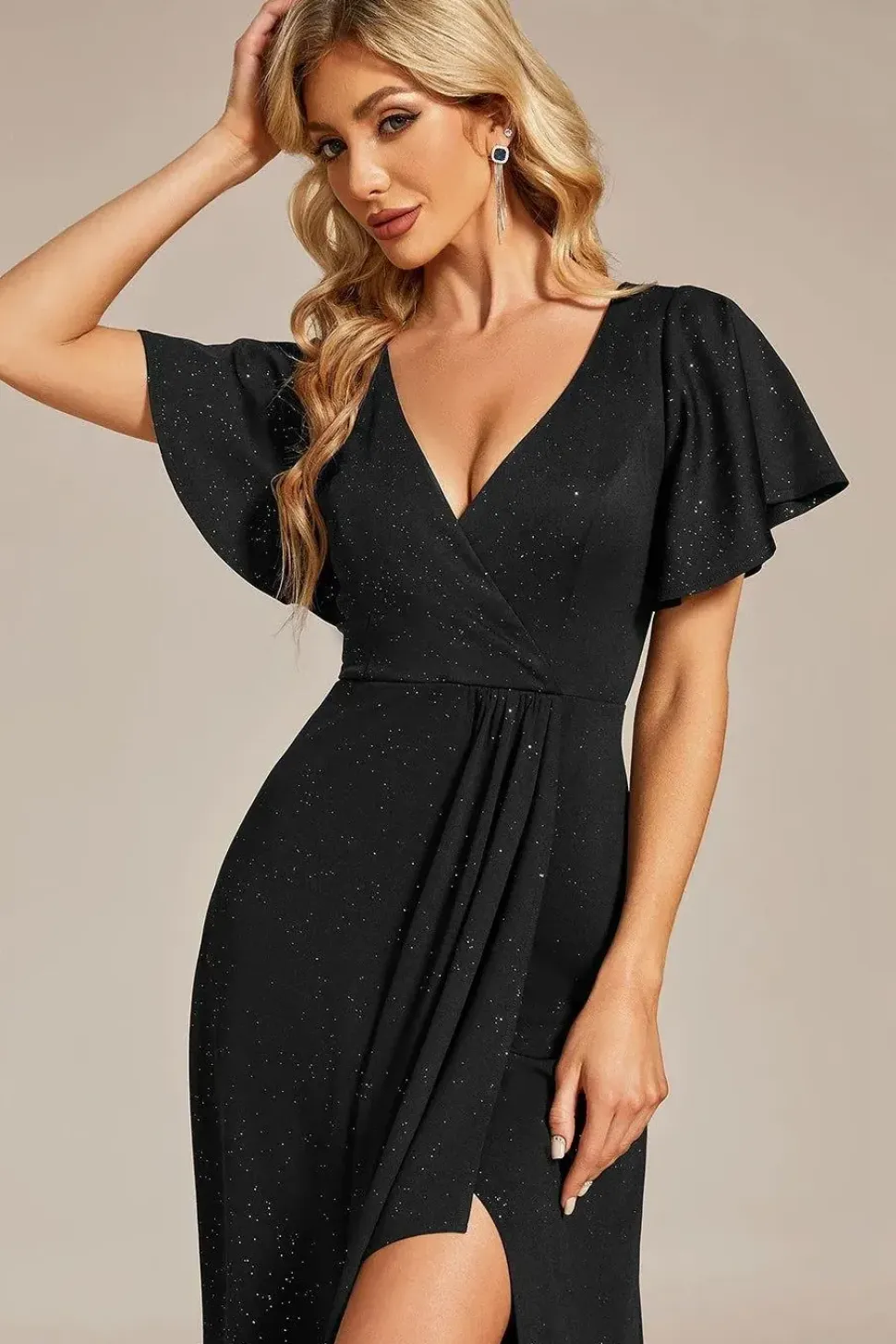 Ruffle Sleeves V Neck High Low Evening Dress