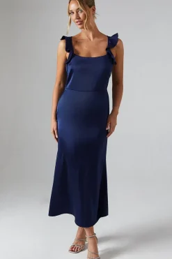 Ruffle Square Neck Satin Bridesmaids Midi Dress