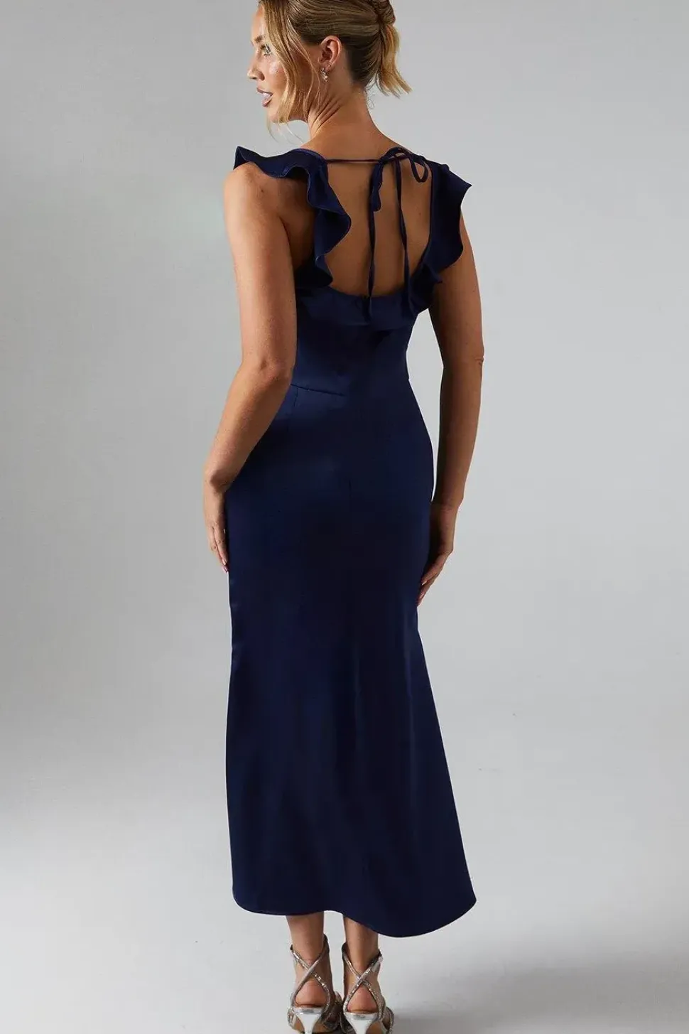 Ruffle Square Neck Satin Bridesmaids Midi Dress