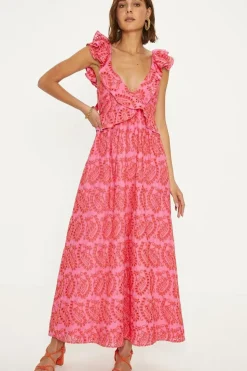 Ruffle Strap Tie Back Broderie Dress