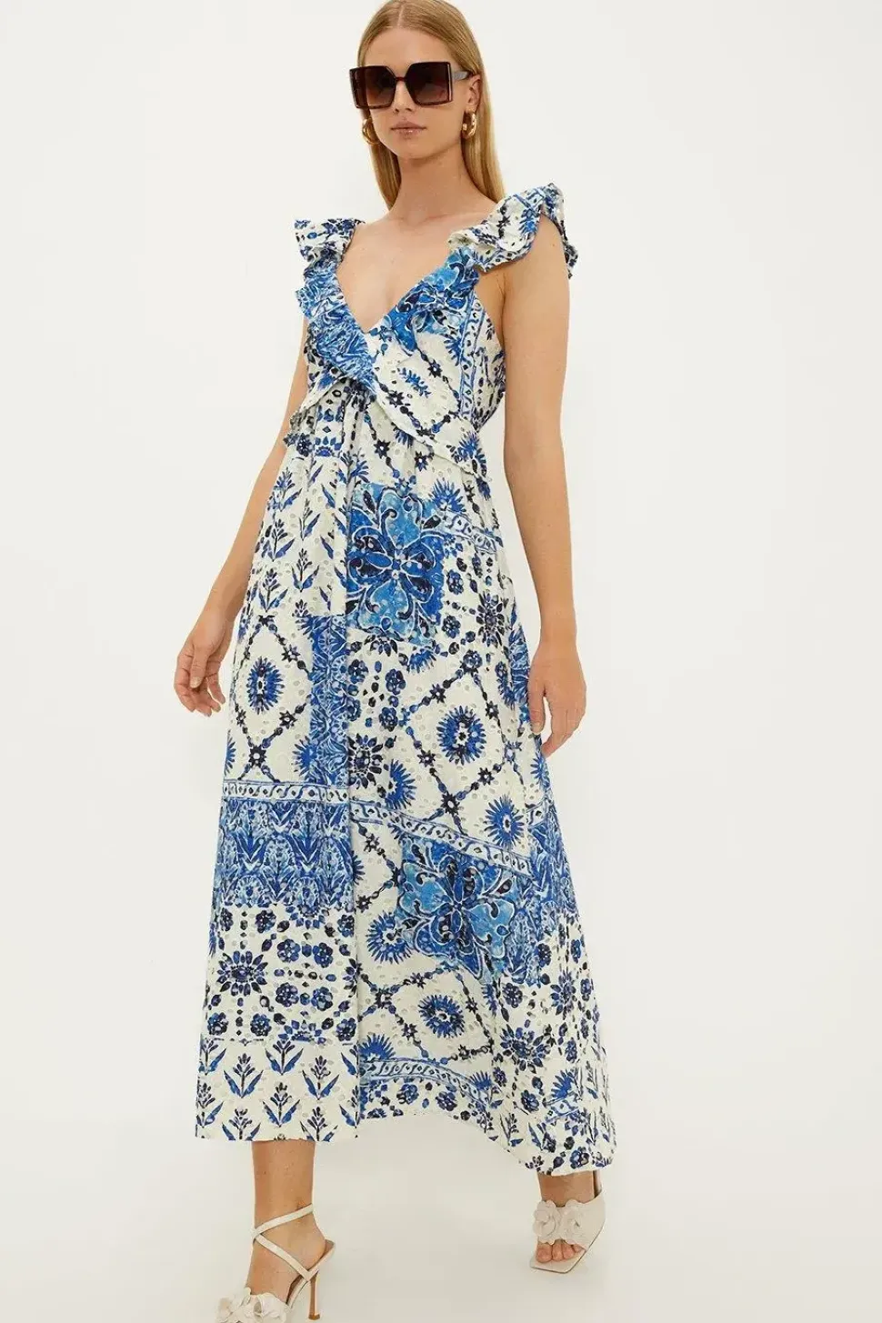 Ruffle Strap Tie Back Printed Broderie Dress