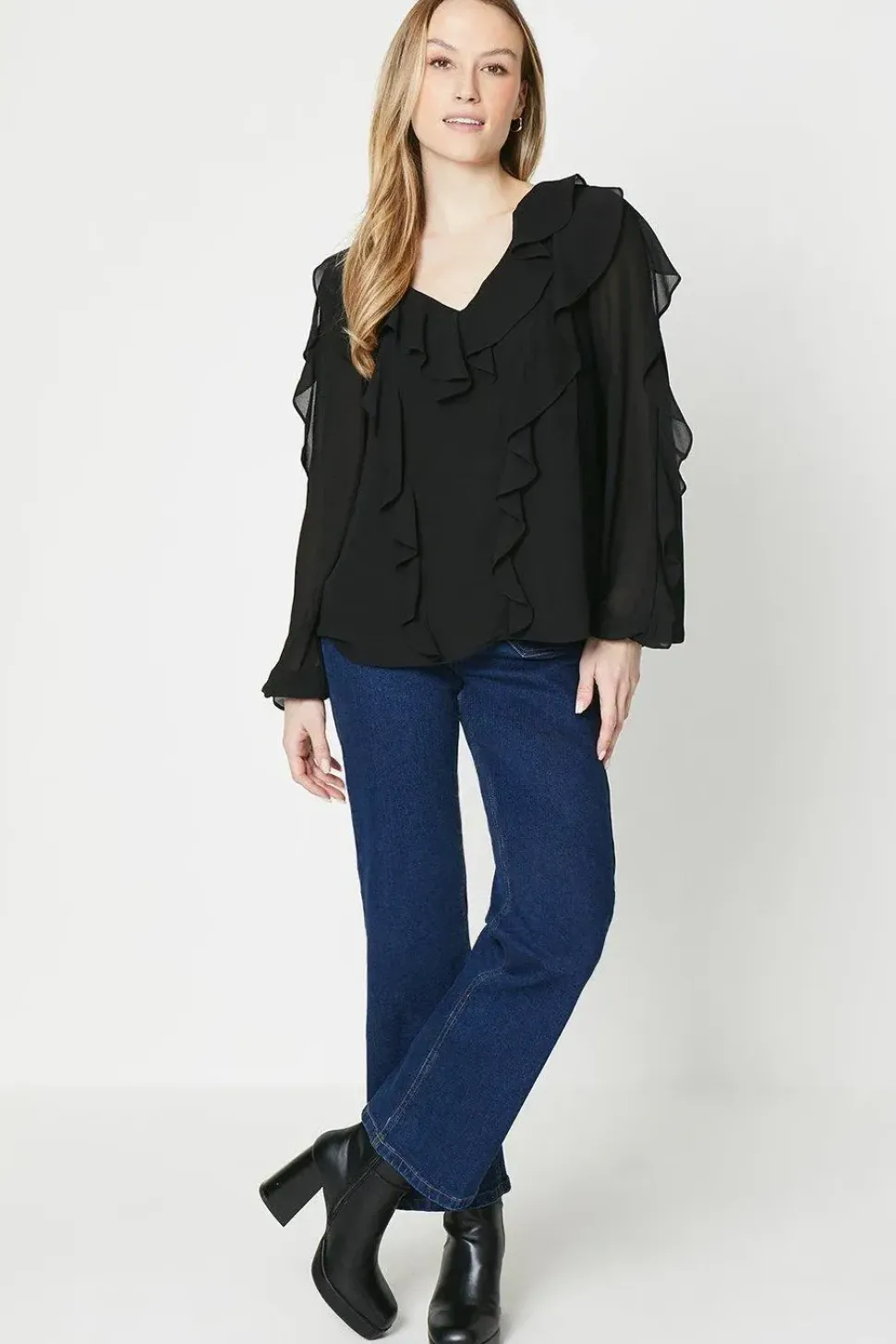 Ruffle V Neck Detail Sleeve Blouse