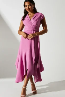 Ruffle Wrap Front Belted Midi Dress