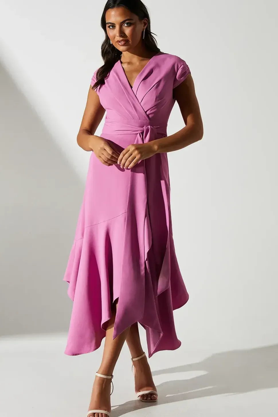 Ruffle Wrap Front Belted Midi Dress