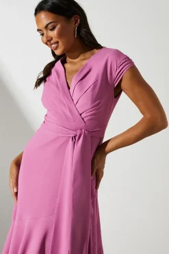 Ruffle Wrap Front Belted Midi Dress