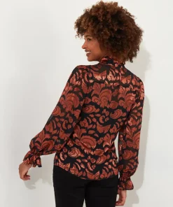 Rust Floral Festive Mesh Blouse with Pussybow Tie