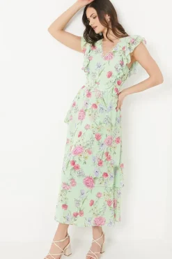 Sage Floral Asymmetric Chiffon Ruffle Midi Dress