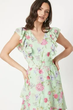 Sage Floral Asymmetric Chiffon Ruffle Midi Dress
