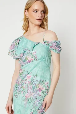 Sage Floral Asymmetric Frill Satin Burnout Maxi Dress