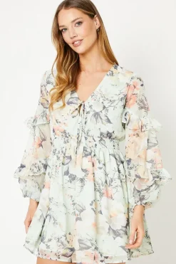 Sage Floral Chiffon Frill Balloon Sleeve Mini Skater Dress