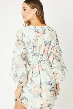 Sage Floral Chiffon Frill Balloon Sleeve Mini Skater Dress