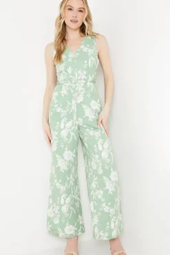 Sage Floral Ottoman Twill Belted Wide Leg Jumpsuit